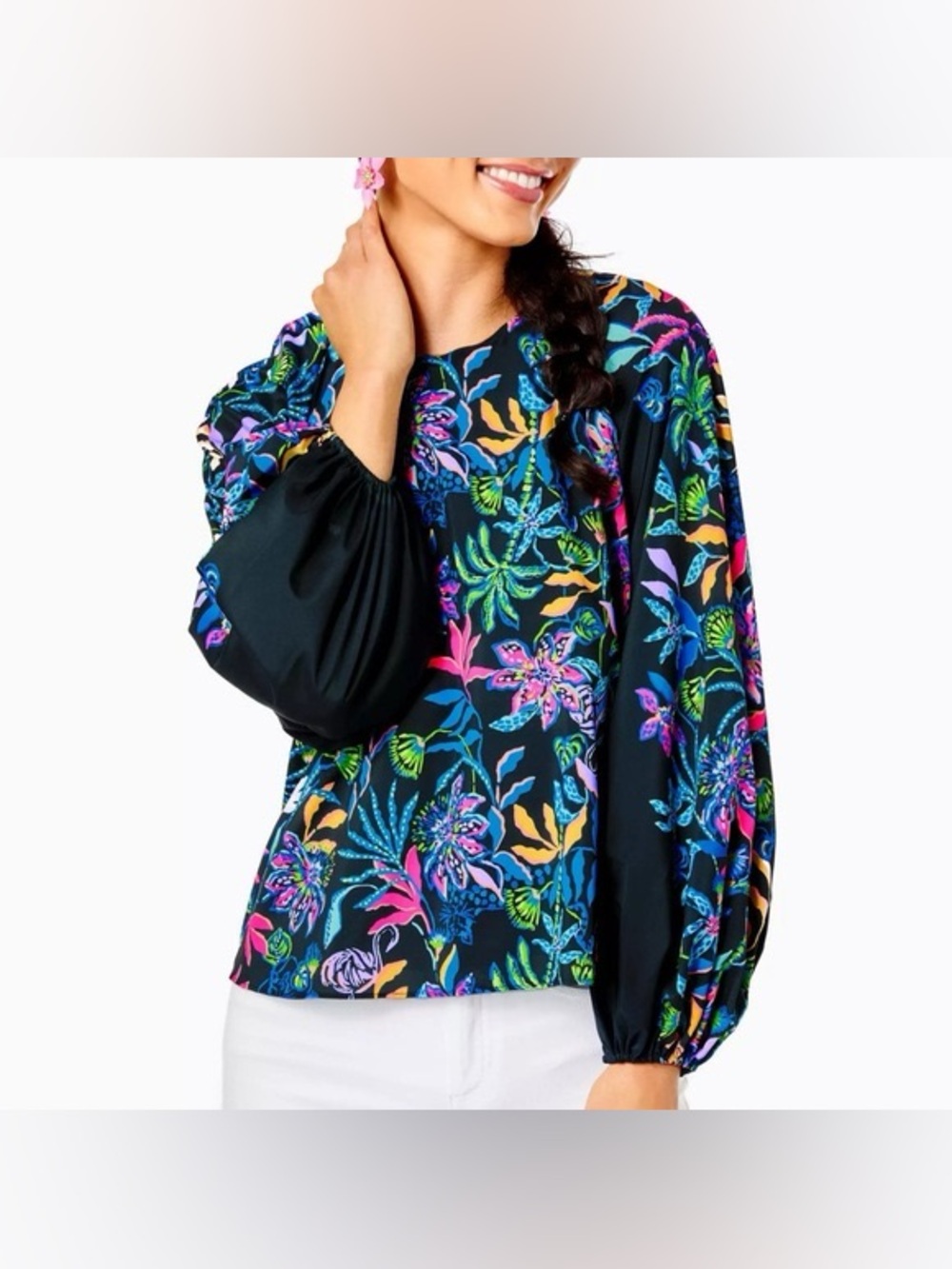Lily Pulitzer Imani Paradise Glow Onyx Floral Long Sleeve Top Size Medium